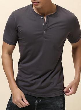 舒爽棉男短袖亨利领凉感纯棉开门筒美式复古硬汉白色上衣修身T恤