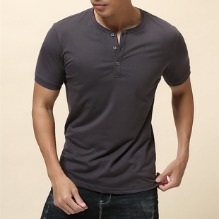 T恤 复古硬汉日常上衣修身 舒爽棉男短袖 亨利领凉感纯棉开门筒美式