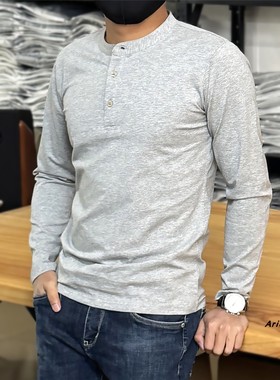 美式复古亨利领长袖T恤男修身正肩百搭开襟灰色简约上衣潮流男装