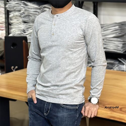 美式复古亨利领长袖T恤男