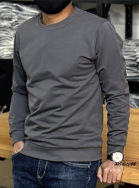 男士灰色长袖圆领卫衣纯棉修身百搭潮流休闲上衣套头基本款秋冬