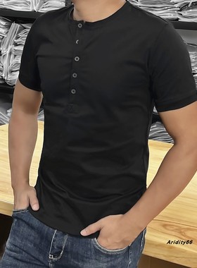 夏季短袖美式休闲硬汉亨利领长筒纽扣v领免烫修身常规纯色t恤上衣