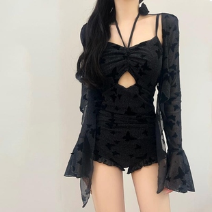 2025泳衣女款连体遮肉显瘦黑色蕾丝长袖罩衫性感绝美高级感泳装
