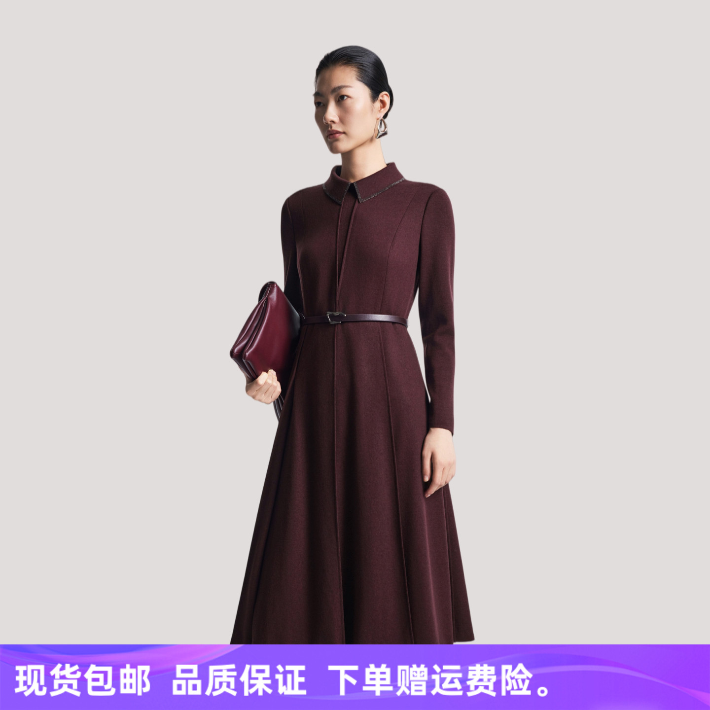 【绵羊毛】2026秋季新品商场同款盛开百合花瓣收腰气质连衣裙子