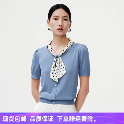 娜家女装2026夏季新品时尚波点飘带复古高级感撞色针织衫短袖上衣