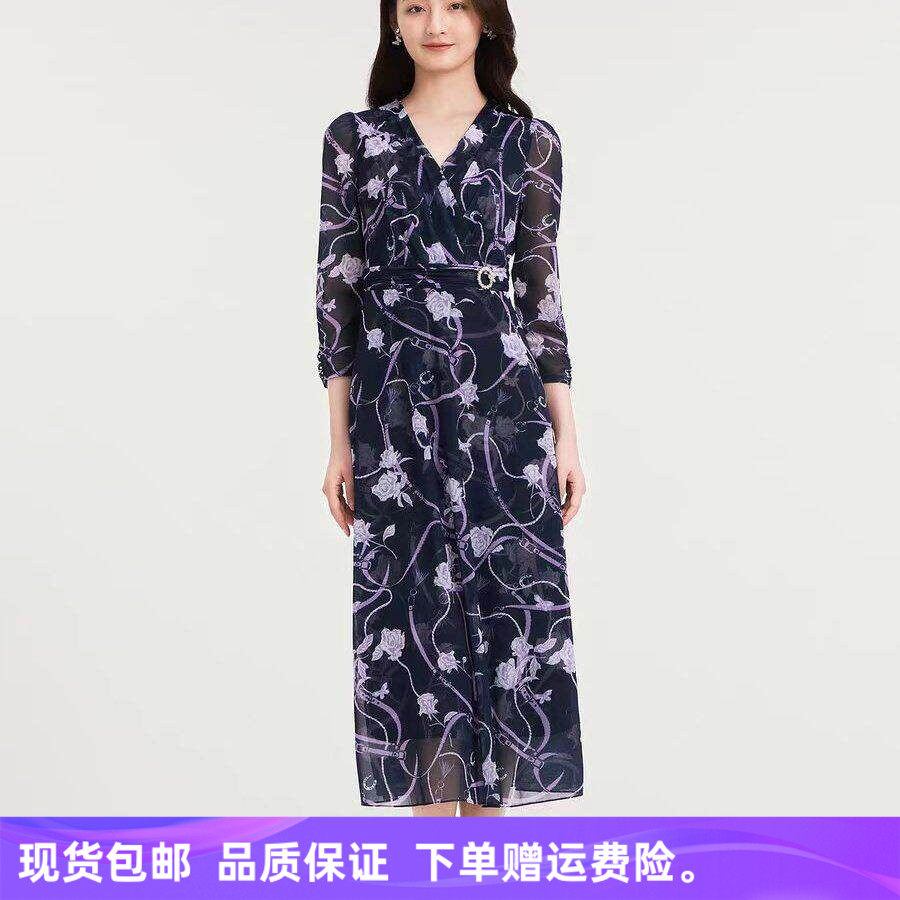 珂家商场同款2026春夏新款时尚气质收腰网纱印花连衣裙KF12510P5