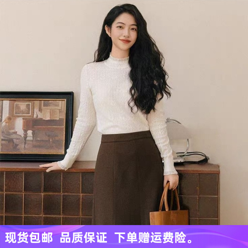 娜家商场同款2025年冬季新款时尚蕾丝提花针织衫半高领内搭上衣