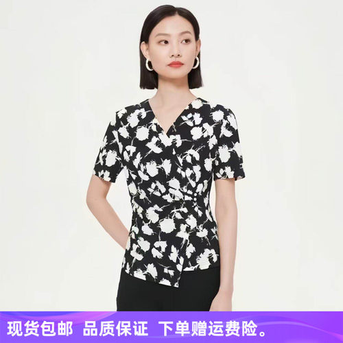 女装2026年夏季新款时尚气质V领印花修身不规则短袖上衣ND04875W0