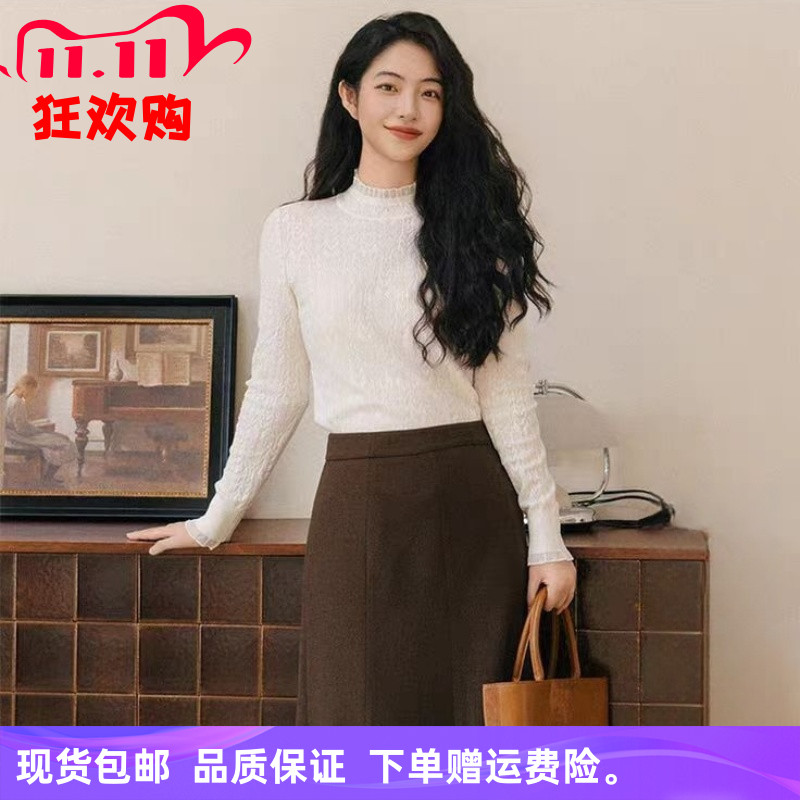 娜家商场同款2025年冬季新款时尚蕾丝提花针织衫半高领内搭上衣