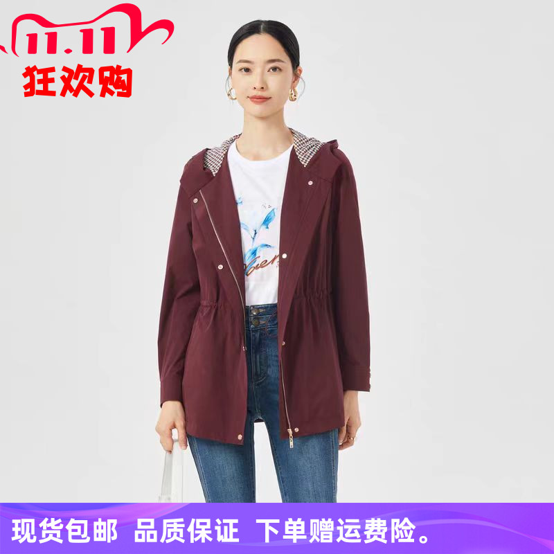 娜家25秋季轻奢显瘦运动休闲风连帽长袖拉链时尚通勤简约风衣外套