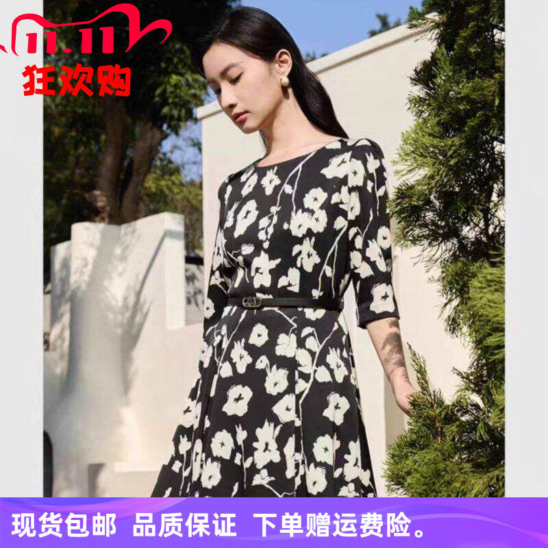 25春秋新品商场同款时尚气质印花五分袖连衣裙LF05908W0【醋酸】