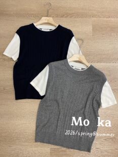 针织衫 韩系圆领拼色假两件短袖 女休闲减龄上衣 新款 欧洲站2026春季