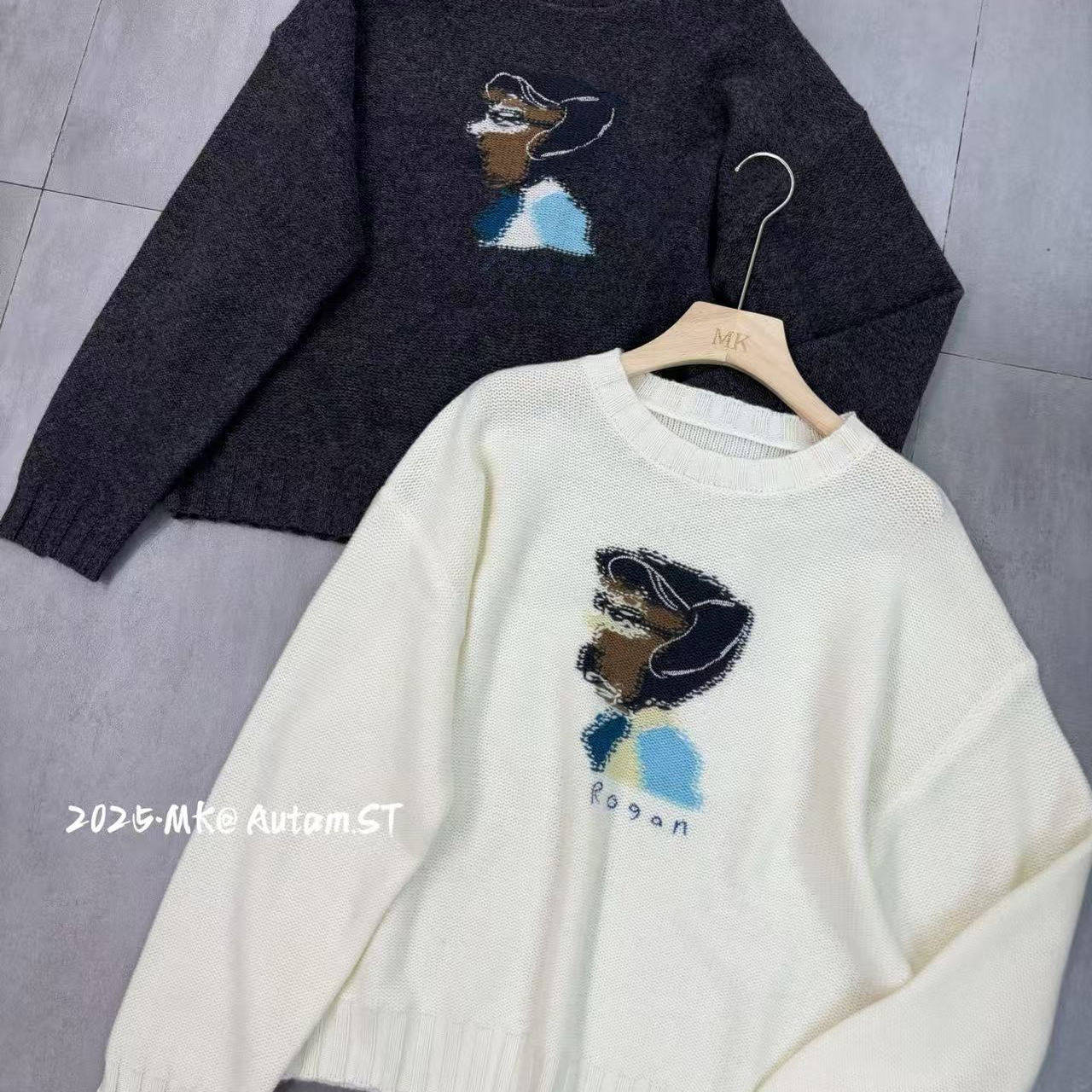 韩版圆领卡通小狗图案羊毛针织衫女2025冬季新款套头宽松减龄毛衣
