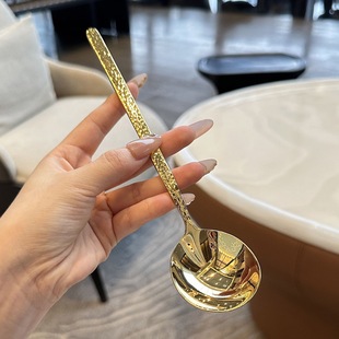 304不锈钢勺子长柄锤纹韩式圆头勺西餐厅家用汤匙调羹喝汤勺餐勺