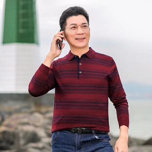 爸爸春装上衣服长袖t恤中年男士秋季薄款男装中老年人爷爷打底衫