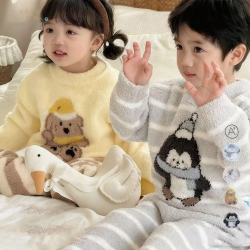 a类半边绒家居服动物休闲冬季亲子装睡衣毛绒上衣儿童冬装童装