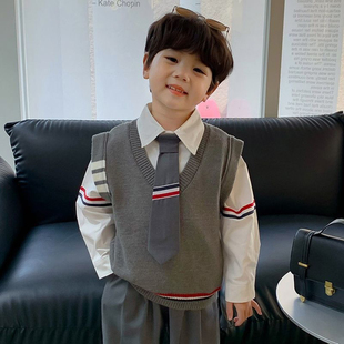 男童套装春秋2026年新款儿童学院风西服衬衫春装宝宝针织马甲童装