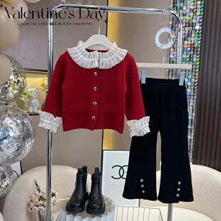 女童冬季花边领小香风圆领百搭加厚毛线衣开衫微拜年中国红新款潮