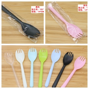 一次性勺子叉子独立包装塑料勺子叉子水果蛋糕勺叉甜品勺长柄叉勺