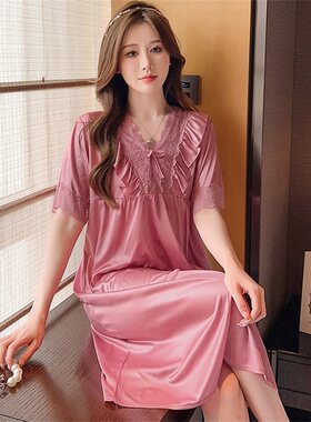 2026新款冰丝睡裙女夏季薄款性感蕾丝花边中长款睡衣豆沙色家居服
