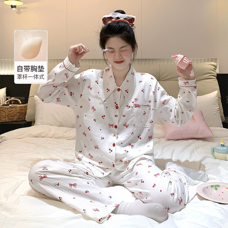 可爱甜美小樱桃睡衣女春秋季长袖开衫带胸垫云朵棉学生家居服套装,女士内衣/男士内衣/家居服,睡衣/家居服套装,淘宝优惠券,粉丝福利购,淘宝优惠卷