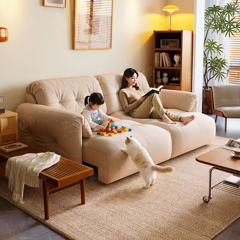 品洛云朵电动布艺沙发双人中古风小户型客厅猫抓布白色伸缩零靠墙,住宅家具,功能沙发,淘宝优惠券,粉丝福利购,淘宝优惠卷