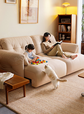 品洛云朵电动布艺沙发双人中古风小户型客厅猫抓布白色伸缩沙发床