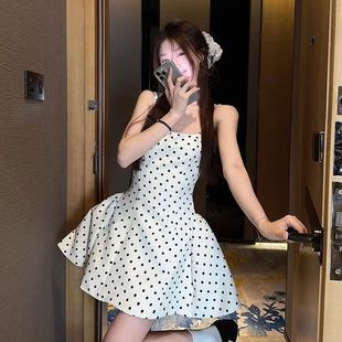 双轨虞书欣姜暮同款设计感小个子白色波点连衣裙高级感蓬蓬短裙