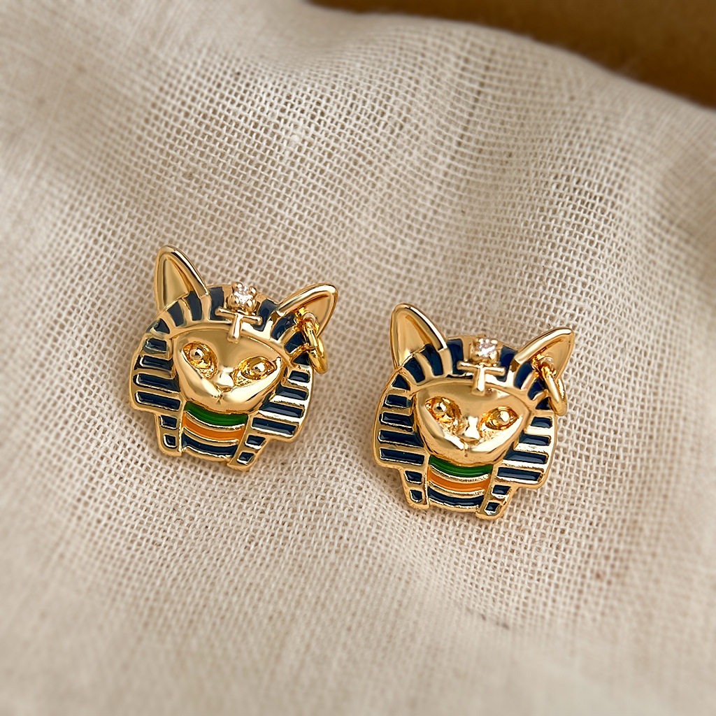 埃及风猫法老14K银针耳钉Earring图片