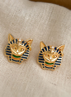 埃及风猫法老14K银针耳钉Earring