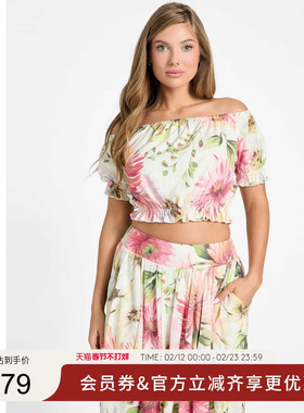 GUESS女士时尚一字肩短款罗纹收边上衣-W5GH61WH4S2