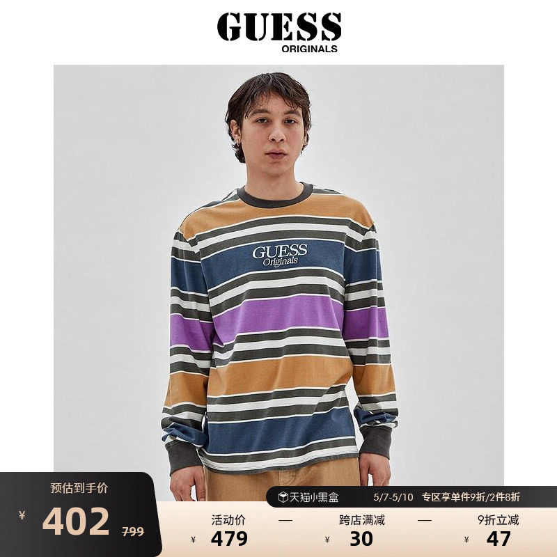 GUESS Originals 情侣款撞色条纹圆领长袖T恤-M3GI28K9XF3