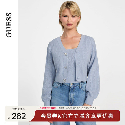 GUESS 女士慵懒长袖蝴蝶结开衫针织衫-W5YR01Z2ZK2