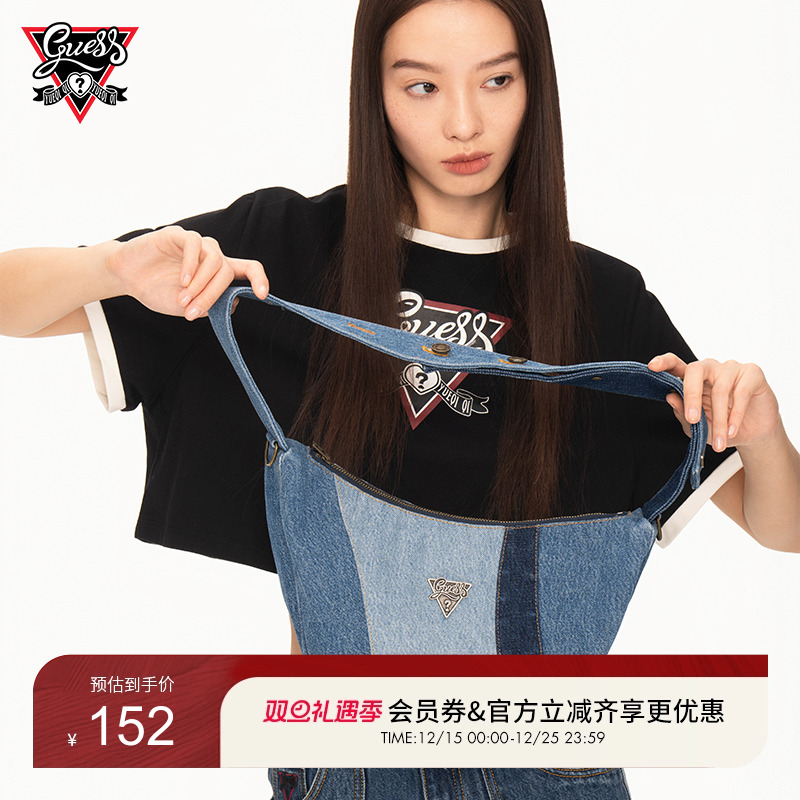 【GUESS x YUEQI QI联名系列】女士街头风拉链拼接水洗牛仔腋下包