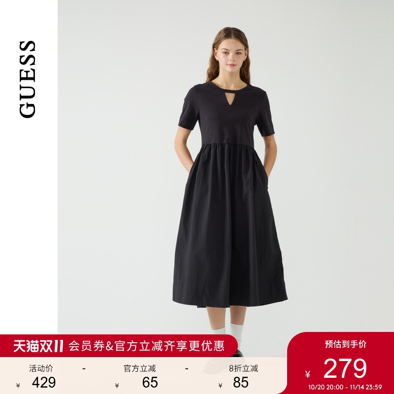 GUESS女士三角镂空气质纯色口袋小黑裙-W5PK1KK2Q40