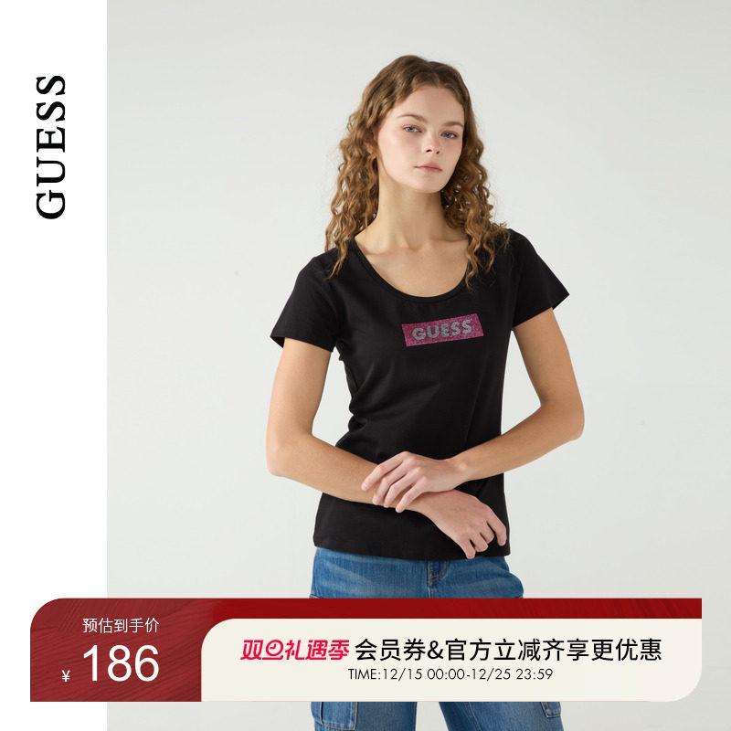 GUESSLOGO镶钻U领短袖T恤