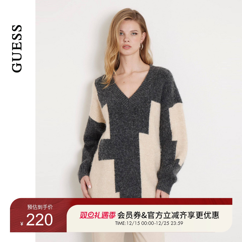 GUESS慵懒风V领拼色毛针织衫