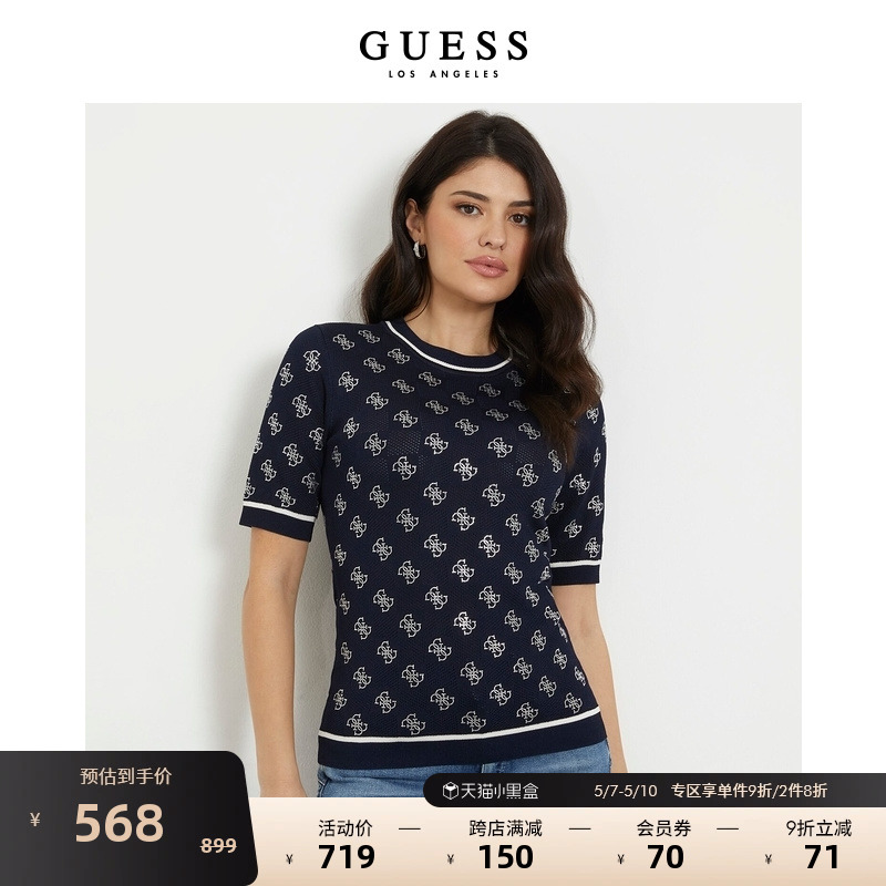 GUESS24年新款春季女士知性淑女经典款logo针织上衣-W4GR05