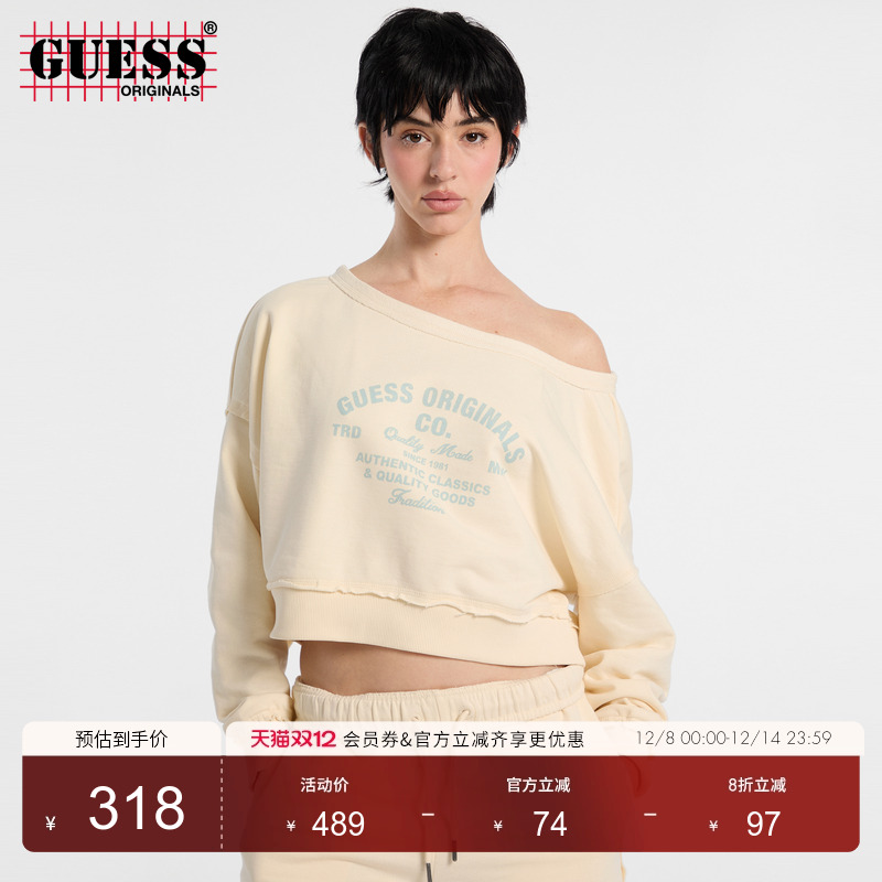 GUESS大圆领露肩短款长袖卫衣
