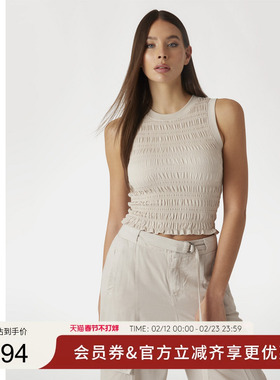 GUESS25年新款夏季女士褶皱花边休闲圆领针织背心-W5GP17KCSA2