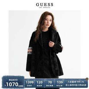 女士气质保暖人造长貂毛古典皮草外套仿貂绒毛大衣 GUESS