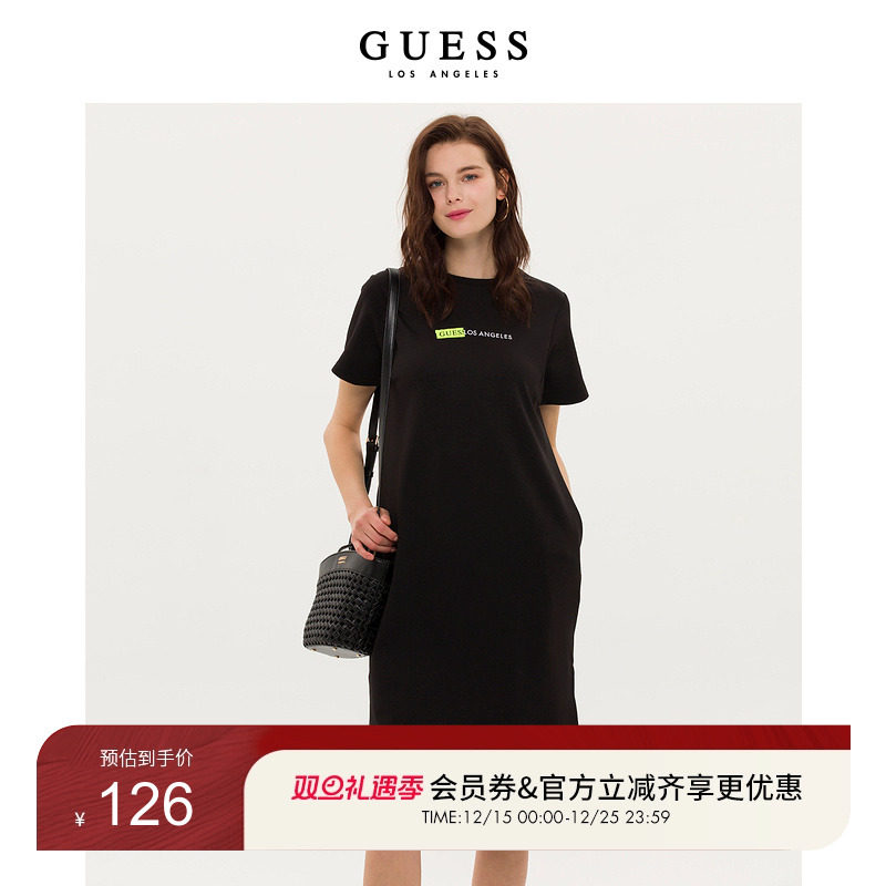 GUESS绣花logo短袖T恤连衣长裙