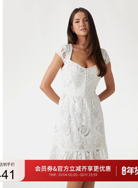 GUESS女士蕾丝镂空方领修身纯欲连衣裙-W5GK50WH521