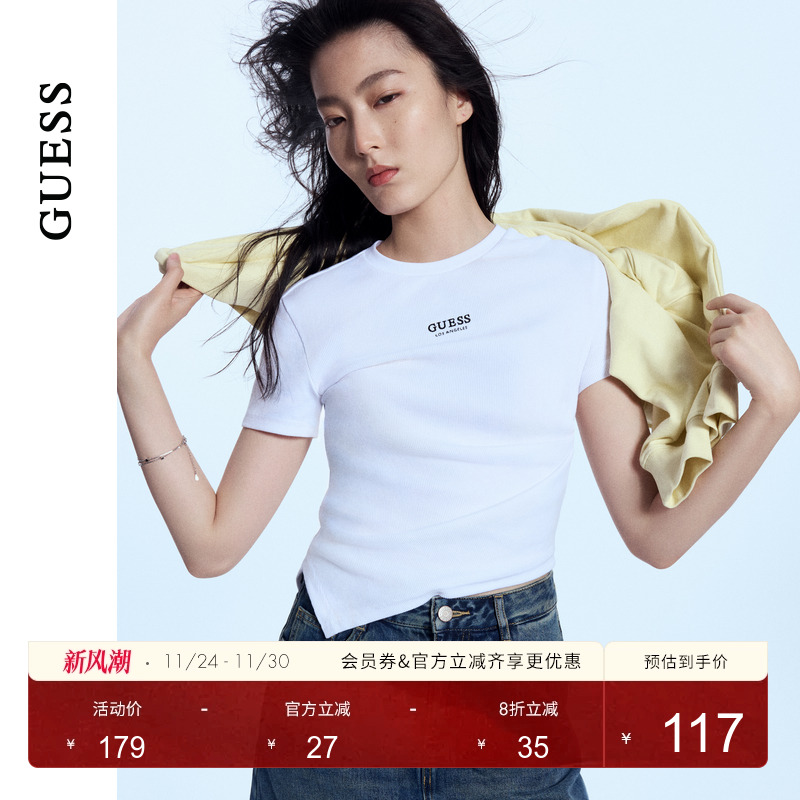 GUESS女士小心机侧面收腰短款短袖T恤-Q4PI34K2Q40
