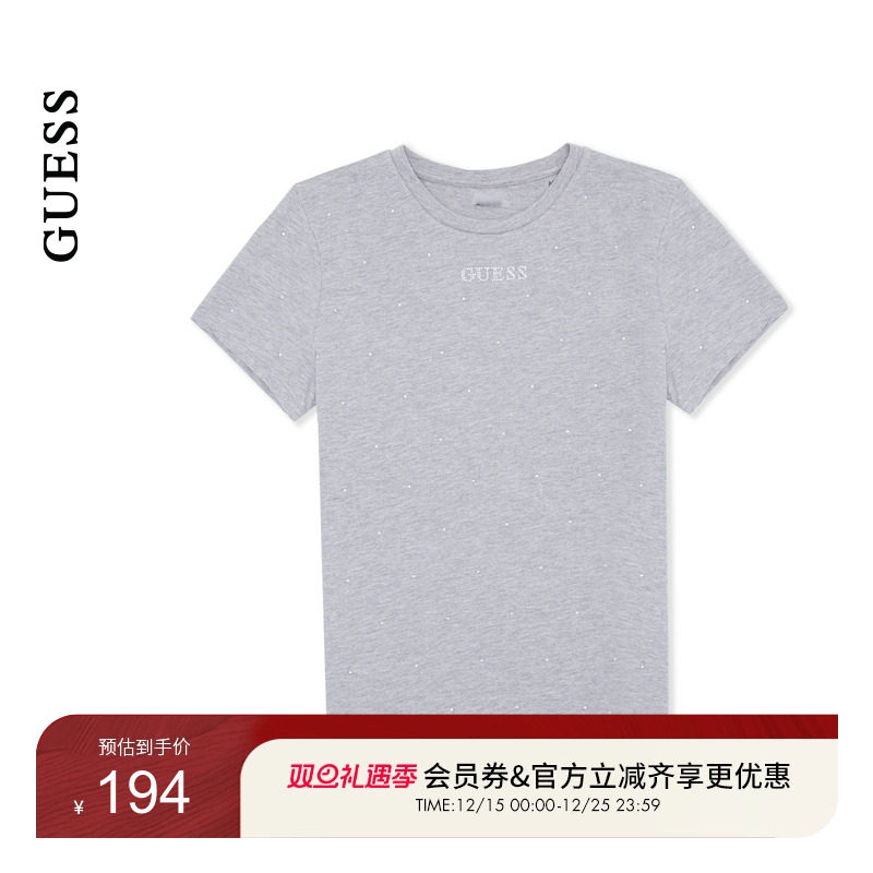 GUESS纯色圆领直筒短袖T恤