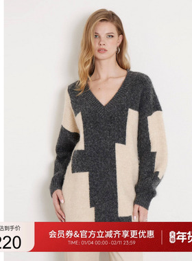 GUESS女士法式慵懒风V领拼色毛针织衫-W4BR0AZ3JO0