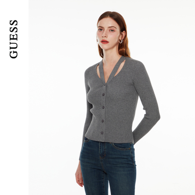 GUESS纯色镂空休闲气质针织上衣