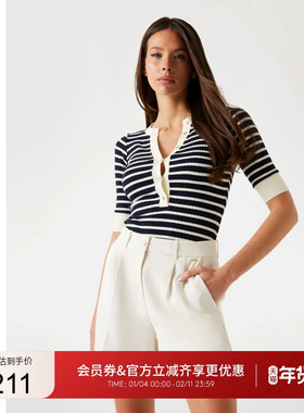 GUESS女士半开领中袖修身横条纹针织衫-W5YP20KCZ82