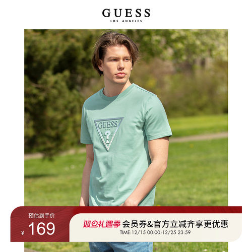 GUESS倒三角立体印花LOGO短袖T恤