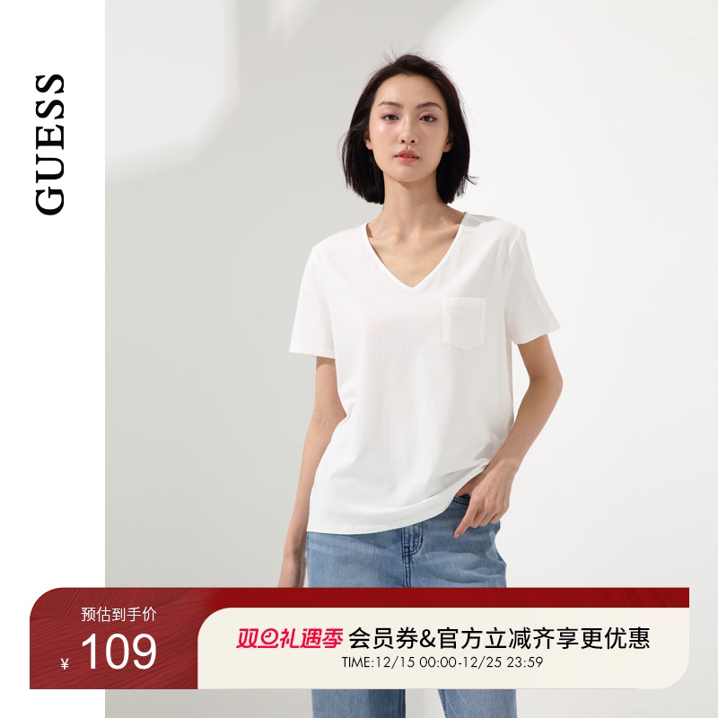 GUESS24年新款夏季女士经典设计口袋纯色V领短袖T恤-Q4PI31K2Q40